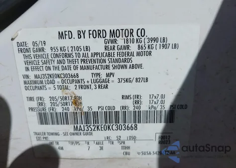 2019 Ford Ecosport Titanium z USA, uszkodzony, nr VIN MAJ3S2KE0KC303668